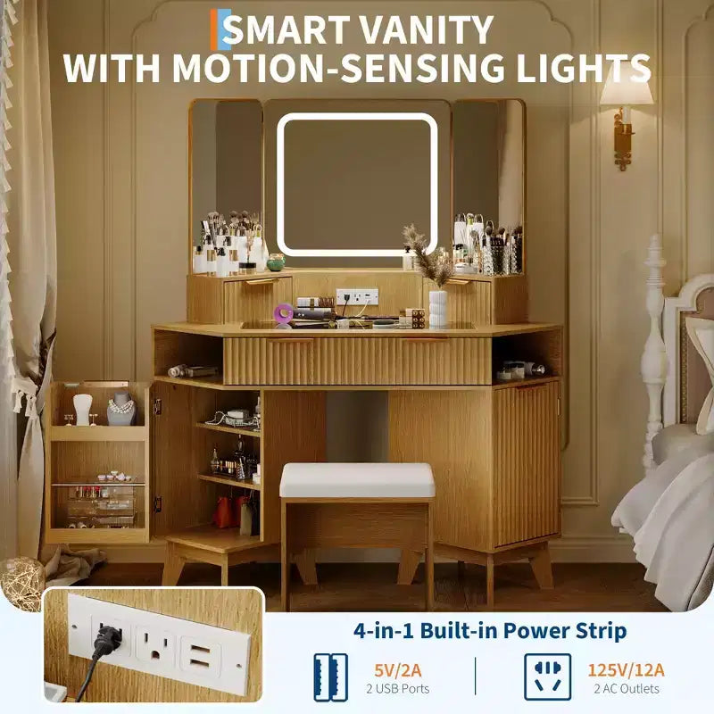 Corner Vanity Makeup Desk Natural Wood, Corner Vanity Table with Glass Top, Corners Vanity Desk with Mirror and Lights and Chair