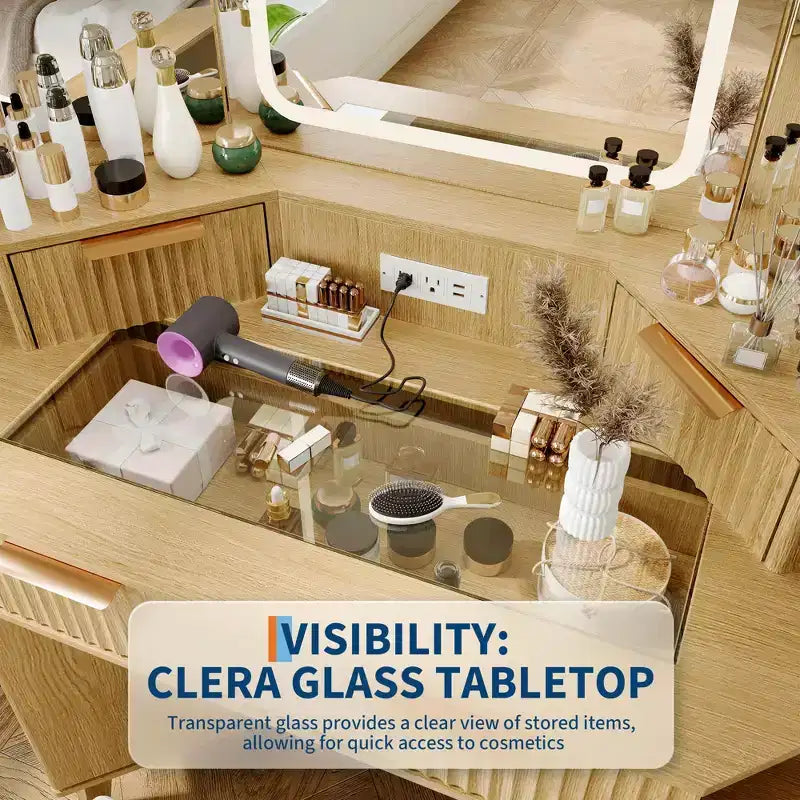 Corner Vanity Makeup Desk Natural Wood, Corner Vanity Table with Glass Top, Corners Vanity Desk with Mirror and Lights and Chair
