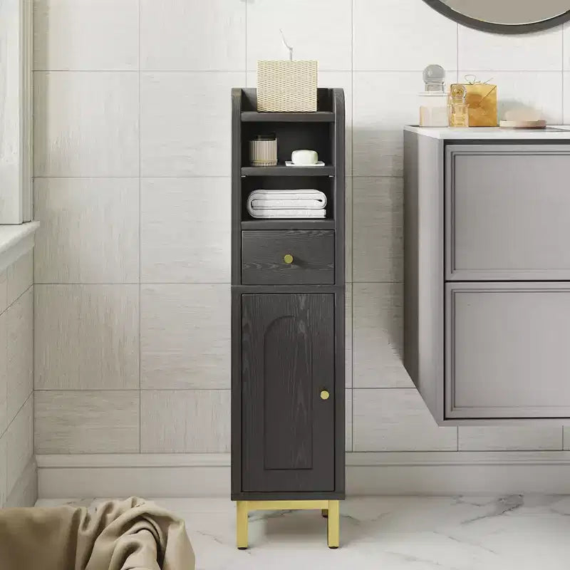 KOLIGEY Bathroom Storage Cabinet Modern Corner Floor Cabinet Small Storage Organizer Stand with Drawer and Door Adjustable Shelf Black