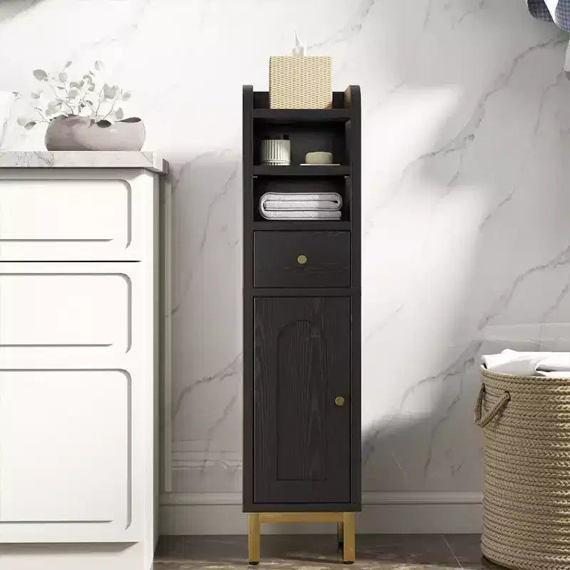 KOLIGEY Bathroom Storage Cabinet Modern Corner Floor Cabinet Small Storage Organizer Stand with Drawer and Door Adjustable Shelf Black