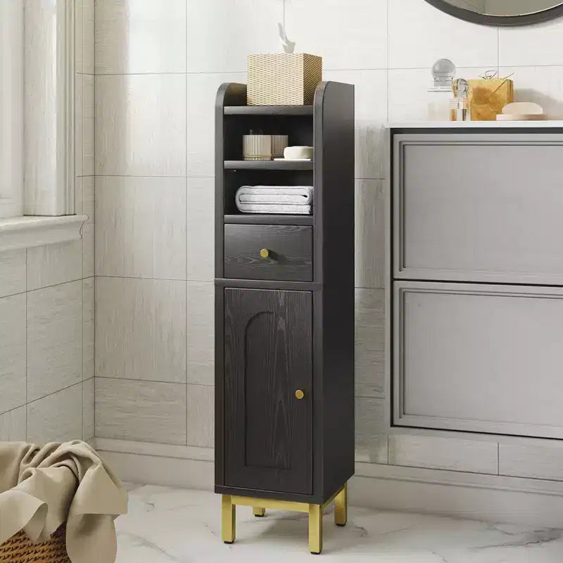 KOLIGEY Bathroom Storage Cabinet Modern Corner Floor Cabinet Small Storage Organizer Stand with Drawer and Door Adjustable Shelf Black