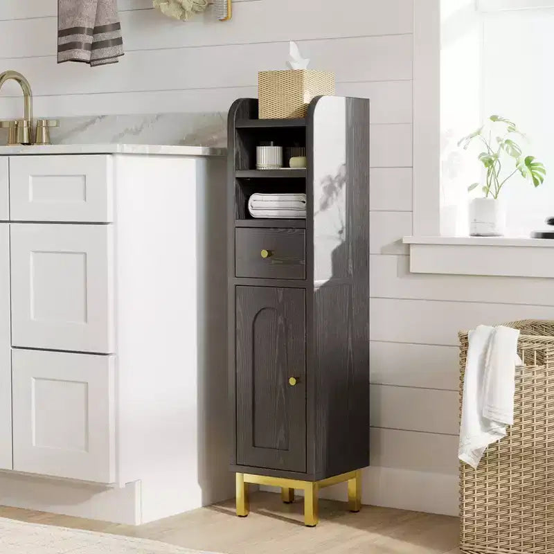 KOLIGEY Bathroom Storage Cabinet Modern Corner Floor Cabinet Small Storage Organizer Stand with Drawer and Door Adjustable Shelf Black