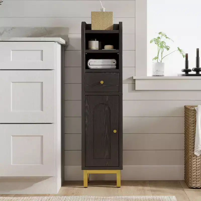 KOLIGEY Bathroom Storage Cabinet Modern Corner Floor Cabinet Small Storage Organizer Stand with Drawer and Door Adjustable Shelf Black