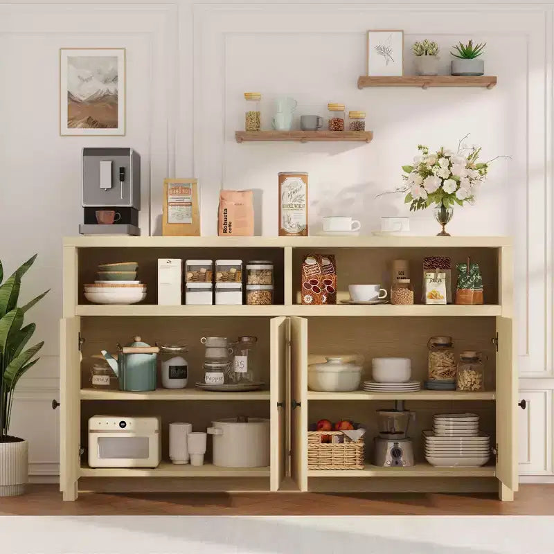 55 Sideboard Buffet Cabinet, Modern Coffee Bar Cabinet with Adjustable Shelves & 4 Doors, Wood Buffet Console Table for Kitchen Living Room