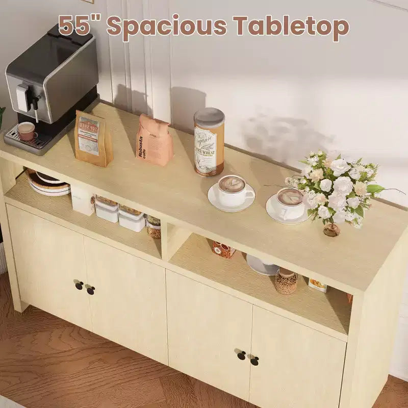 55 Sideboard Buffet Cabinet, Modern Coffee Bar Cabinet with Adjustable Shelves & 4 Doors, Wood Buffet Console Table for Kitchen Living Room
