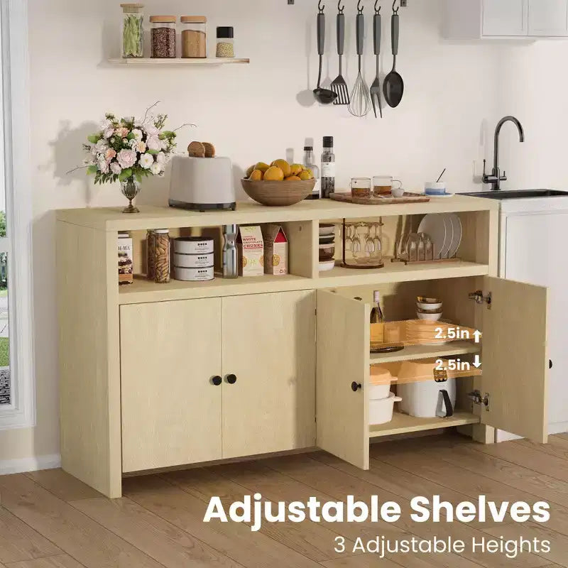 55 Sideboard Buffet Cabinet, Modern Coffee Bar Cabinet with Adjustable Shelves & 4 Doors, Wood Buffet Console Table for Kitchen Living Room