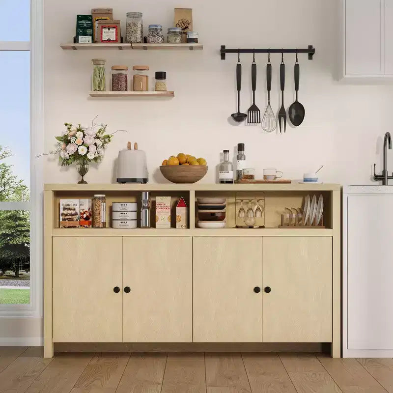55 Sideboard Buffet Cabinet, Modern Coffee Bar Cabinet with Adjustable Shelves & 4 Doors, Wood Buffet Console Table for Kitchen Living Room