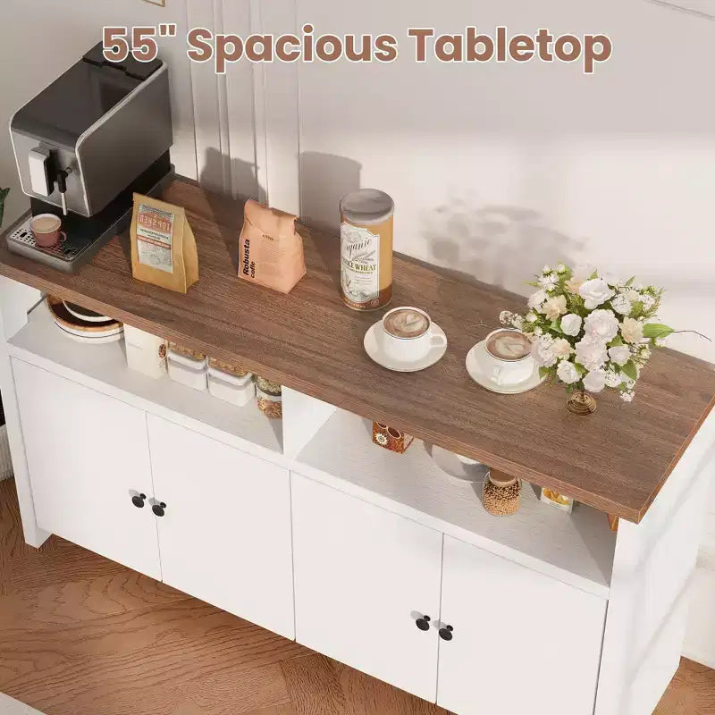 55 Sideboard Buffet Cabinet, Modern Coffee Bar Cabinet with Adjustable Shelves & 4 Doors, Wood Buffet Console Table for Kitchen Living Room