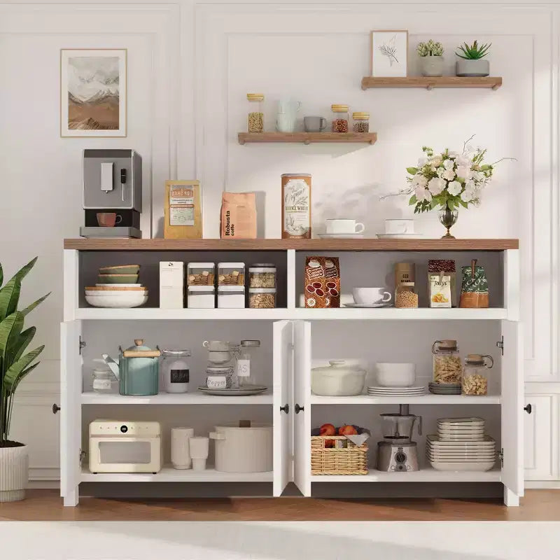 55 Sideboard Buffet Cabinet, Modern Coffee Bar Cabinet with Adjustable Shelves & 4 Doors, Wood Buffet Console Table for Kitchen Living Room
