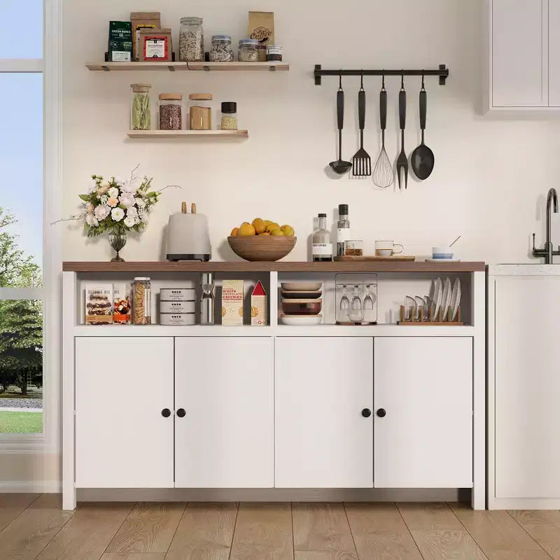 55 Sideboard Buffet Cabinet, Modern Coffee Bar Cabinet with Adjustable Shelves & 4 Doors, Wood Buffet Console Table for Kitchen Living Room