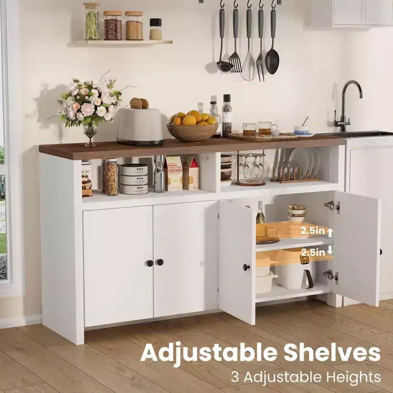 55 Sideboard Buffet Cabinet, Modern Coffee Bar Cabinet with Adjustable Shelves & 4 Doors, Wood Buffet Console Table for Kitchen Living Room