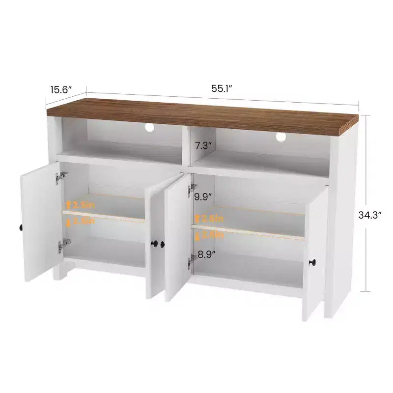 55 Sideboard Buffet Cabinet, Modern Coffee Bar Cabinet with Adjustable Shelves & 4 Doors, Wood Buffet Console Table for Kitchen Living Room
