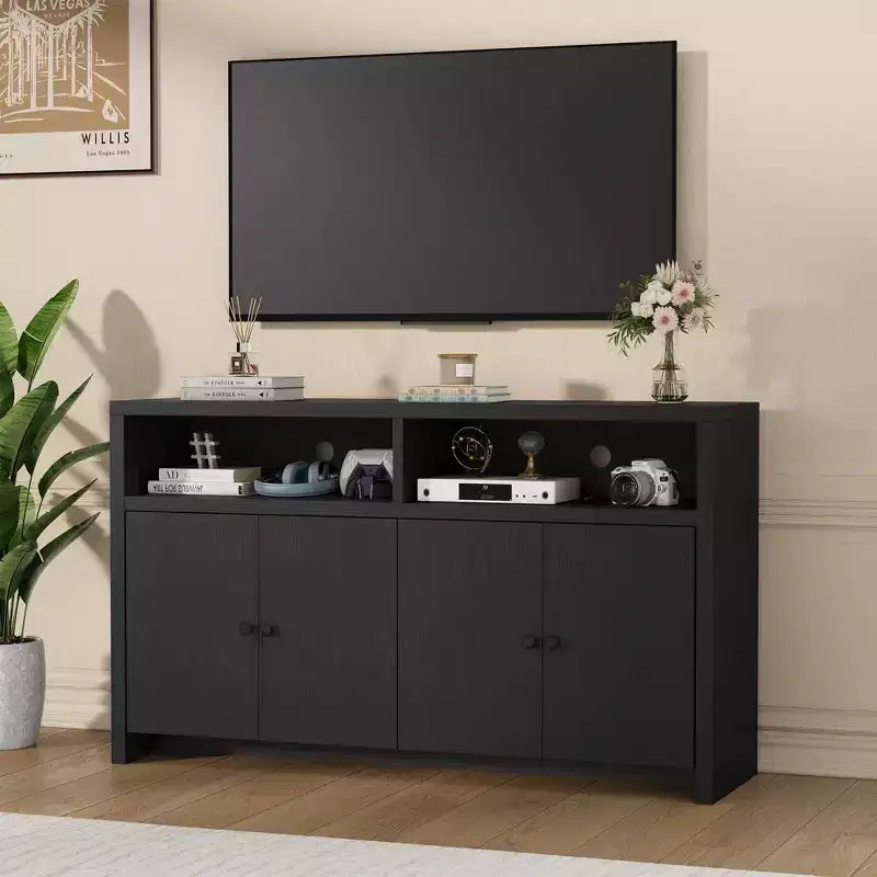 55 Sideboard Buffet Cabinet, Modern Coffee Bar Cabinet with Adjustable Shelves & 4 Doors, Wood Buffet Console Table for Kitchen Living Room