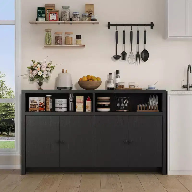 55 Sideboard Buffet Cabinet, Modern Coffee Bar Cabinet with Adjustable Shelves & 4 Doors, Wood Buffet Console Table for Kitchen Living Room