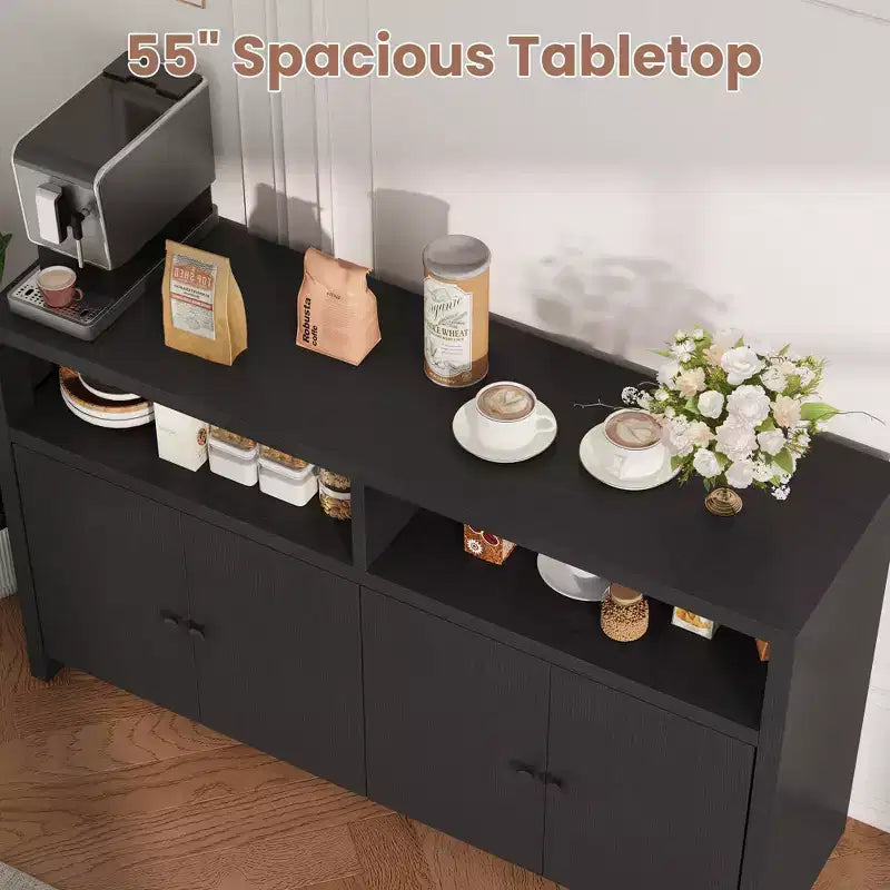 55 Sideboard Buffet Cabinet, Modern Coffee Bar Cabinet with Adjustable Shelves & 4 Doors, Wood Buffet Console Table for Kitchen Living Room