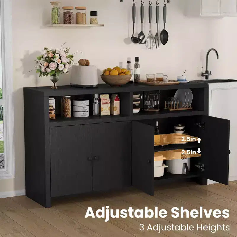 55 Sideboard Buffet Cabinet, Modern Coffee Bar Cabinet with Adjustable Shelves & 4 Doors, Wood Buffet Console Table for Kitchen Living Room