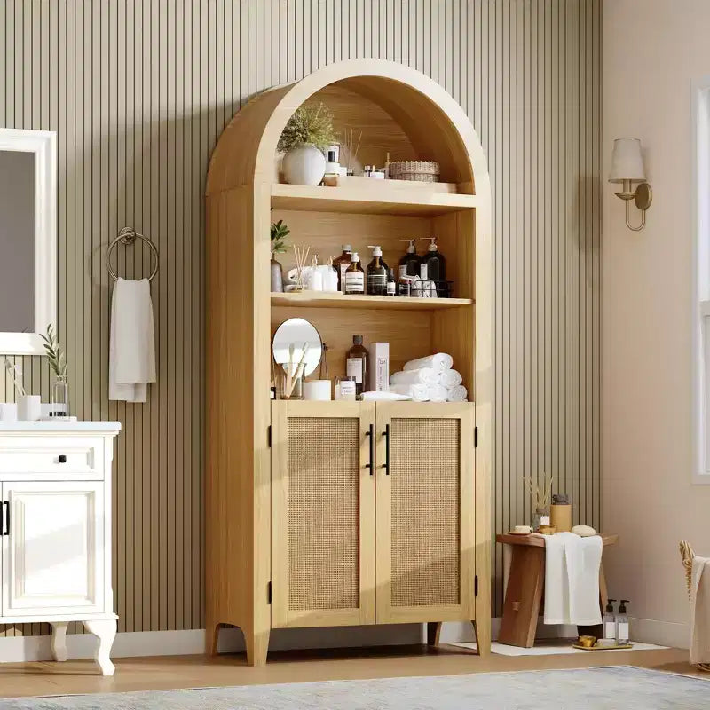 63.2 Arched Bookcase with Doors - 5 Tier Open Display Shelf with Rattan Decor, Modern Bookshelf Storage Cabinet for Home Office Living Room Library