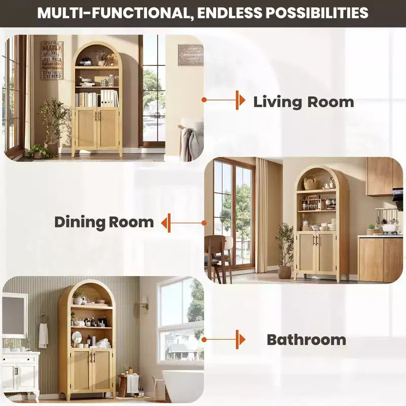 63.2 Arched Bookcase with Doors - 5 Tier Open Display Shelf with Rattan Decor, Modern Bookshelf Storage Cabinet for Home Office Living Room Library