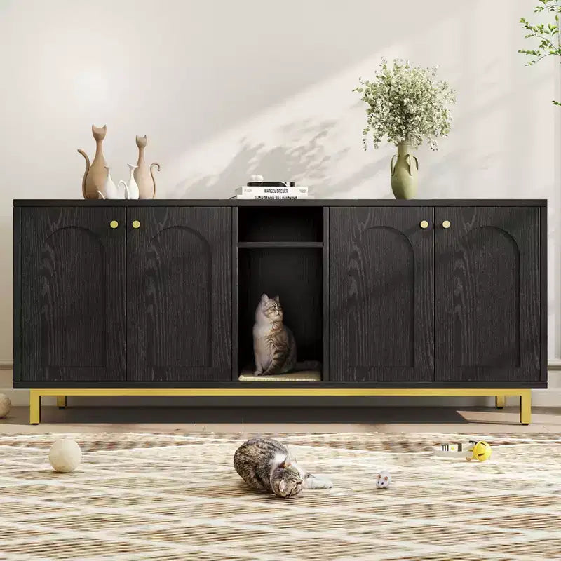 KOLIGEY Black Litter Box Enclosure with Storage Cabinet - Large Capacity, Double Magnetic Door Design, Built-in Scratching Pad