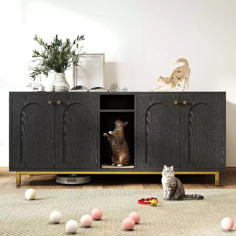 KOLIGEY Black Litter Box Enclosure with Storage Cabinet - Large Capacity, Double Magnetic Door Design, Built-in Scratching Pad
