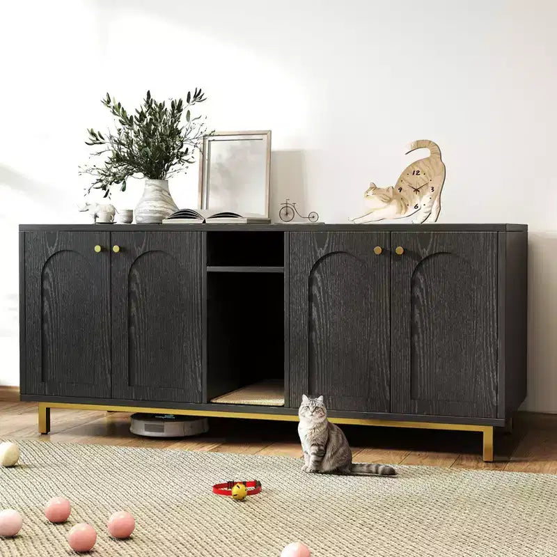 KOLIGEY Black Litter Box Enclosure with Storage Cabinet - Large Capacity, Double Magnetic Door Design, Built-in Scratching Pad