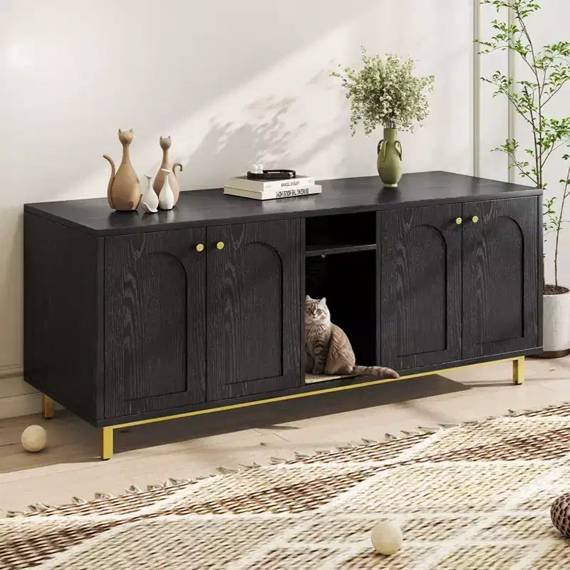 KOLIGEY Black Litter Box Enclosure with Storage Cabinet - Large Capacity, Double Magnetic Door Design, Built-in Scratching Pad