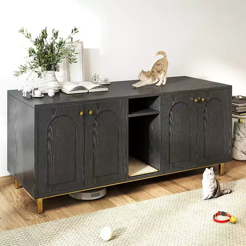 KOLIGEY Black Litter Box Enclosure with Storage Cabinet - Large Capacity, Double Magnetic Door Design, Built-in Scratching Pad