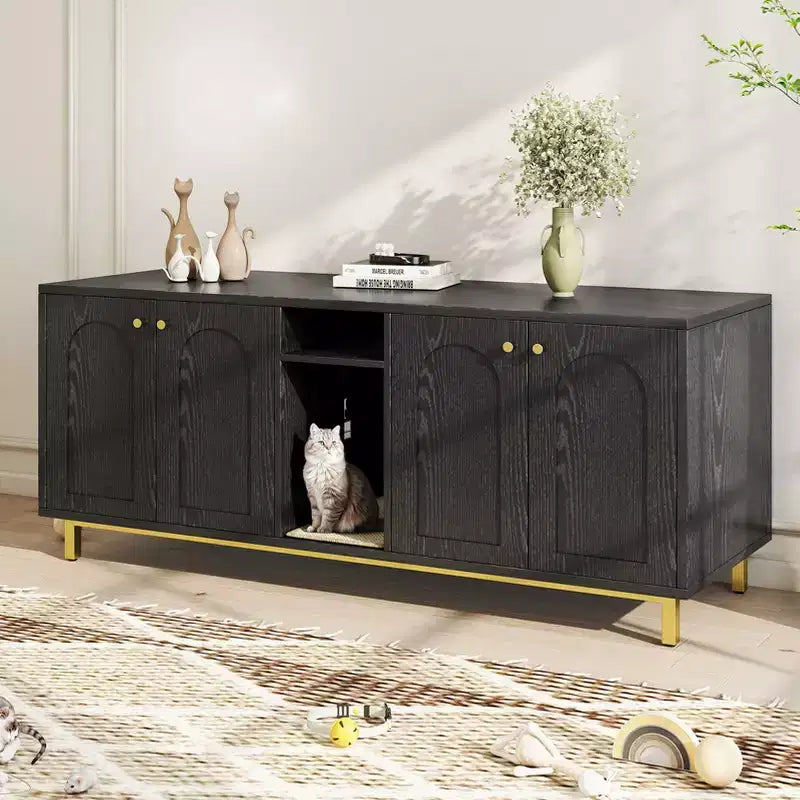 KOLIGEY Black Litter Box Enclosure with Storage Cabinet - Large Capacity, Double Magnetic Door Design, Built-in Scratching Pad
