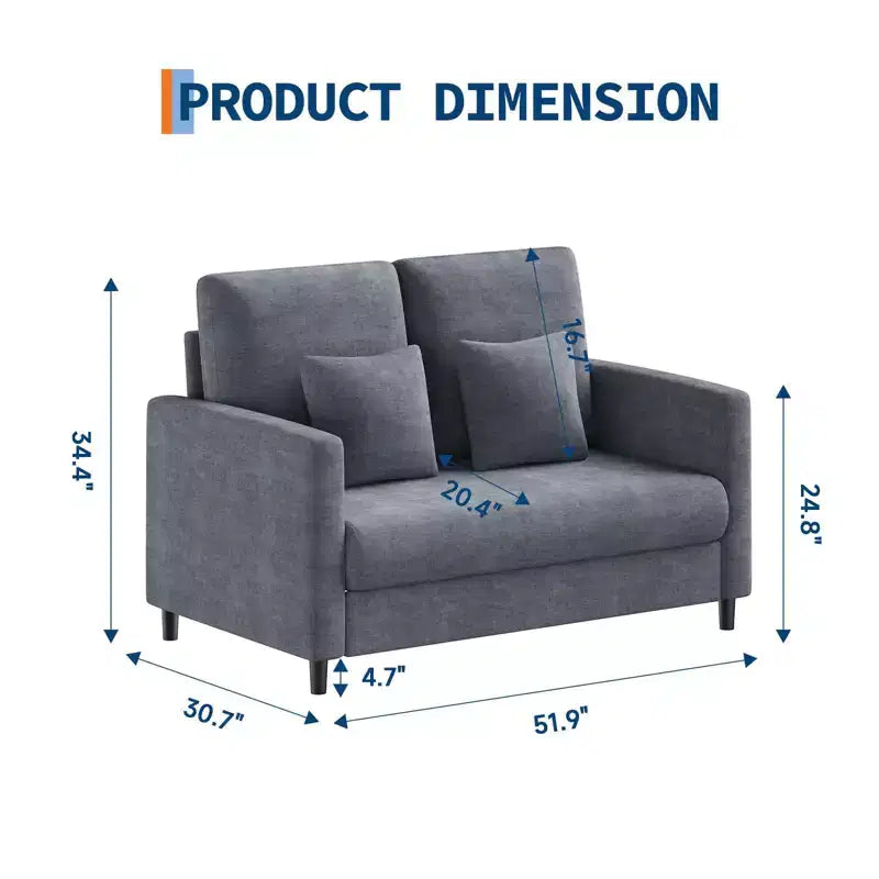 Mid Century Loveseat Sofa for Small Spaces 52, Solid Wood Frame, Tool-Free Assembly