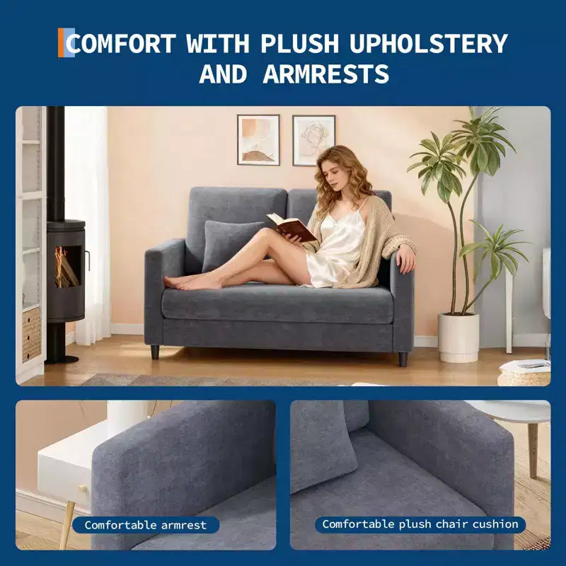 Mid Century Loveseat Sofa for Small Spaces 52, Solid Wood Frame, Tool-Free Assembly