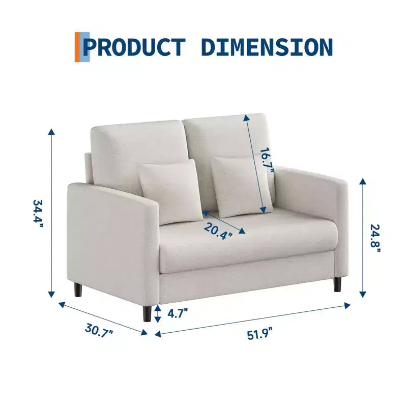 Mid Century Loveseat Sofa for Small Spaces 52, Solid Wood Frame, Tool-Free Assembly