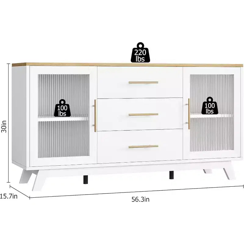 56 Buffet Cabinet with Storage, Sideboard Buffet Cabinet, Fluted Glass Doors & Gold Handles, Coffee Bar Table for Kitchen Dining Room Living Room
