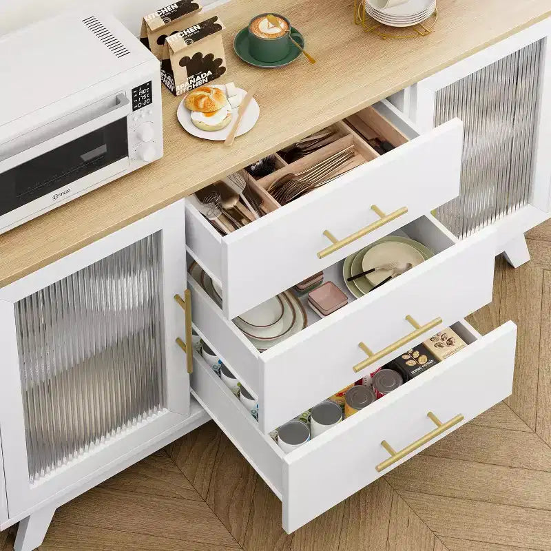 56 Buffet Cabinet with Storage, Sideboard Buffet Cabinet, Fluted Glass Doors & Gold Handles, Coffee Bar Table for Kitchen Dining Room Living Room