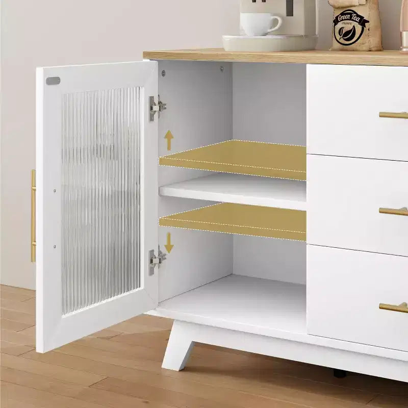 56 Buffet Cabinet with Storage, Sideboard Buffet Cabinet, Fluted Glass Doors & Gold Handles, Coffee Bar Table for Kitchen Dining Room Living Room