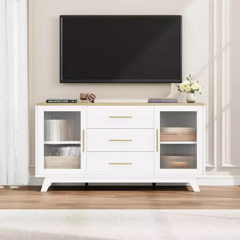 56 Buffet Cabinet with Storage, Sideboard Buffet Cabinet, Fluted Glass Doors & Gold Handles, Coffee Bar Table for Kitchen Dining Room Living Room