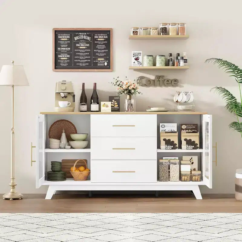 56 Buffet Cabinet with Storage, Sideboard Buffet Cabinet, Fluted Glass Doors & Gold Handles, Coffee Bar Table for Kitchen Dining Room Living Room