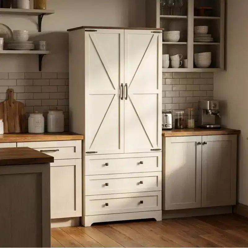 Garvee 72'' Tall Kitchen Pantry Cabinet, Freestanding Tall Cupboard Storage Cabinet with 3 Drawers, Large Farmhouse Pantries for Living Room, Kitchen