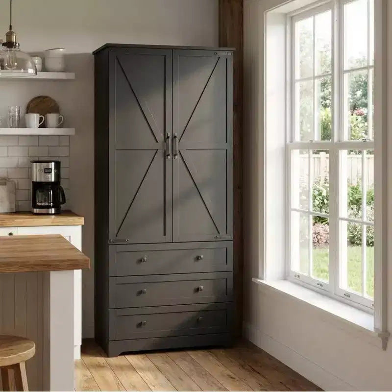 Garvee 72'' Tall Kitchen Pantry Cabinet, Freestanding Tall Cupboard Storage Cabinet with 3 Drawers, Large Farmhouse Pantries for Living Room, Kitchen