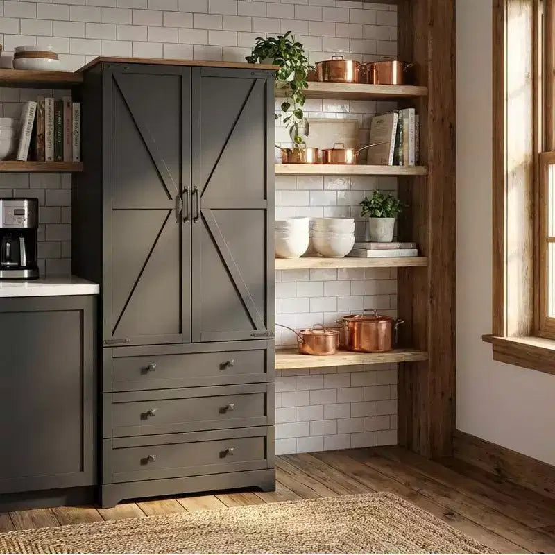 Garvee Armoire de cuisine haute 183 cm, Meuble de rangement autoportant avec 3 tiroirs, Grands garde-manger de style ferme pour salon, cuisine