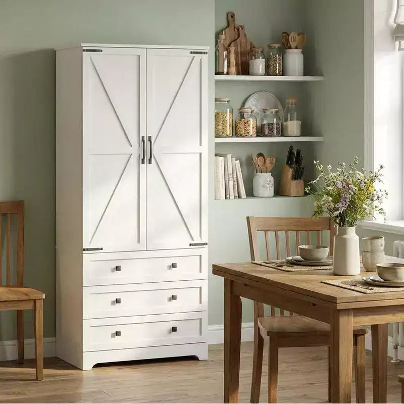 Garvee Armoire de cuisine haute 183 cm, Meuble de rangement autoportant avec 3 tiroirs, Grands garde-manger de style ferme pour salon, cuisine