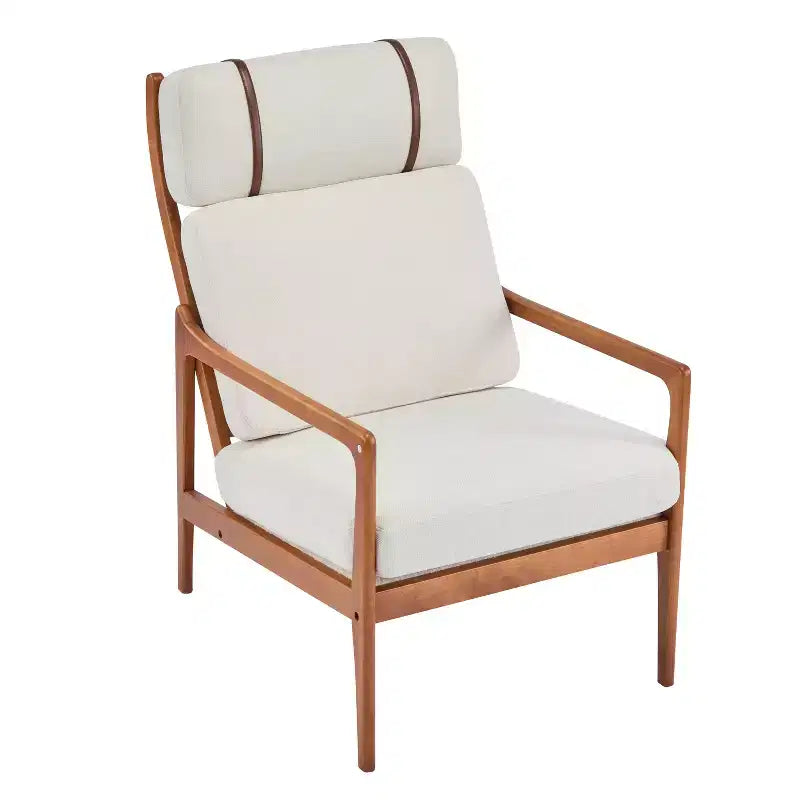 Mid Century Modern Accent Armchair with Solid Wood Frame and High Back, Beige Upholstery, for Reading Nook