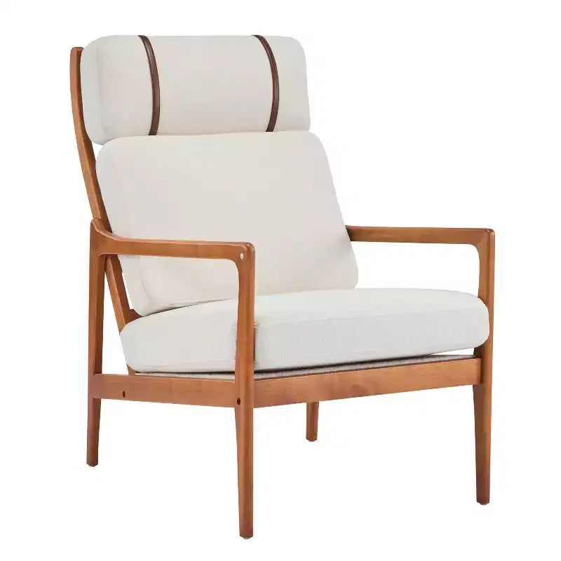 Mid Century Modern Accent Armchair with Solid Wood Frame and High Back, Beige Upholstery, for Reading Nook