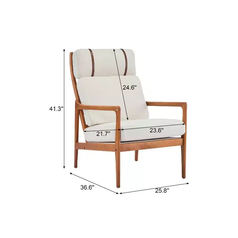 Mid Century Modern Accent Armchair with Solid Wood Frame and High Back, Beige Upholstery, for Reading Nook