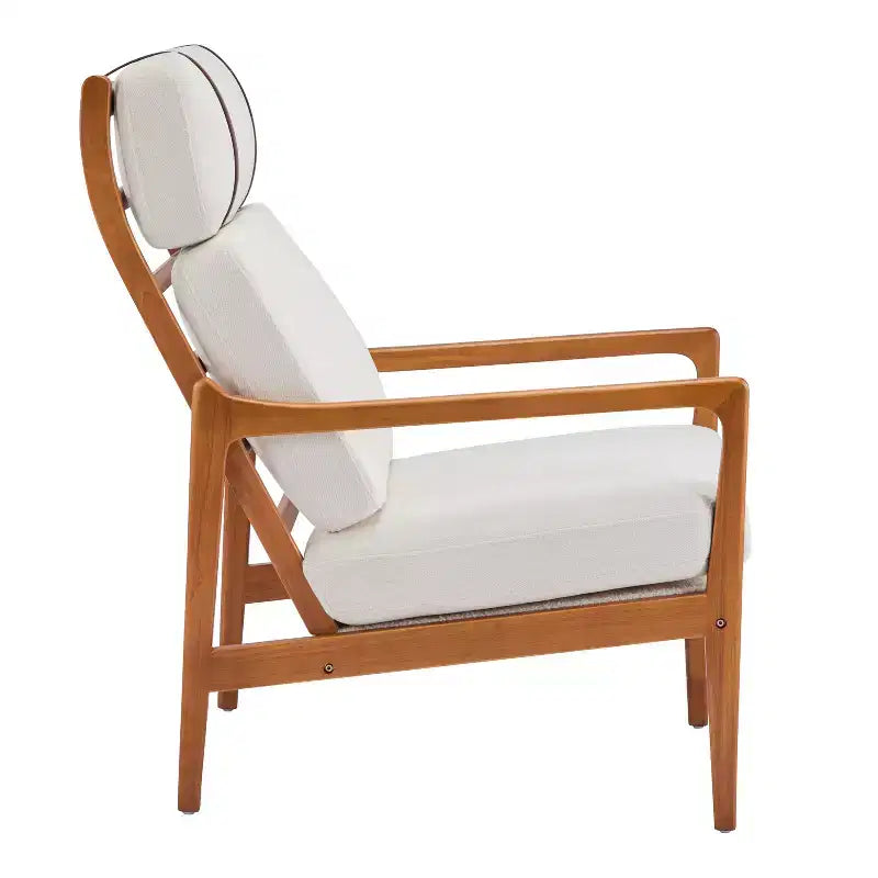 Mid Century Modern Accent Armchair with Solid Wood Frame and High Back, Beige Upholstery, for Reading Nook