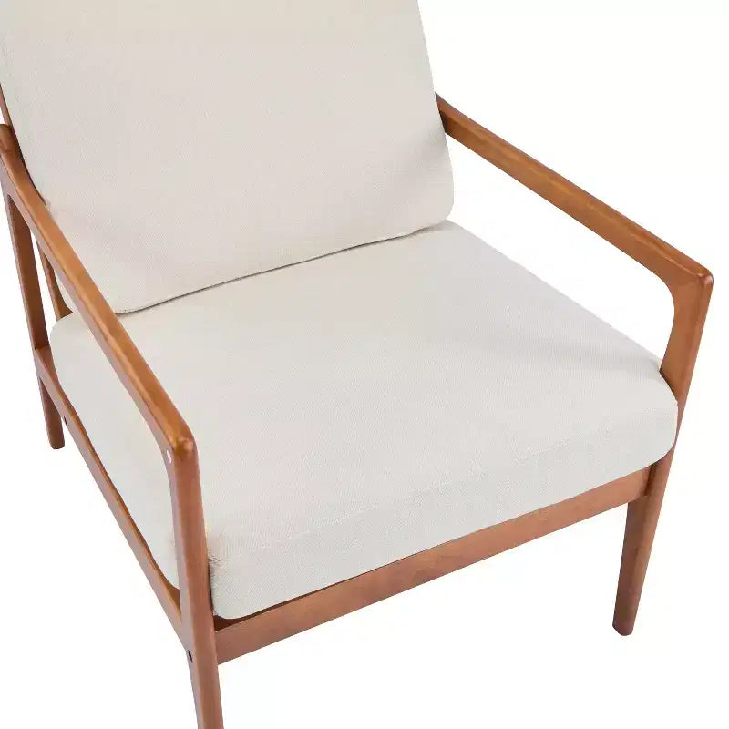Mid Century Modern Accent Armchair with Solid Wood Frame and High Back, Beige Upholstery, for Reading Nook