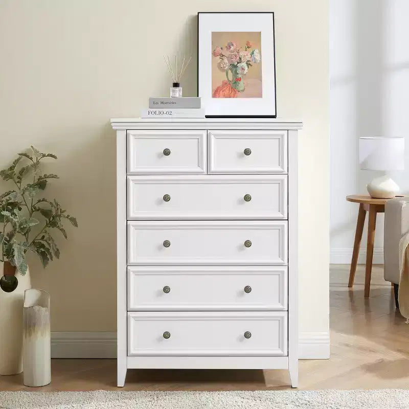 Modern 6 Drawer Dresser with Vintage Carved Flower Handle, for Farmhouse Organizer