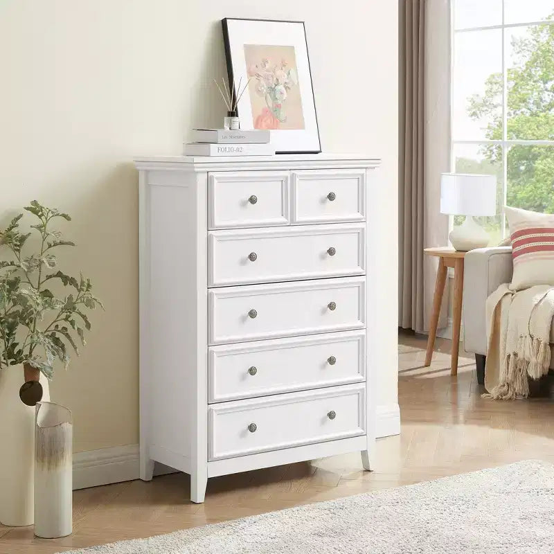Modern 6 Drawer Dresser with Vintage Carved Flower Handle, for Farmhouse Organizer