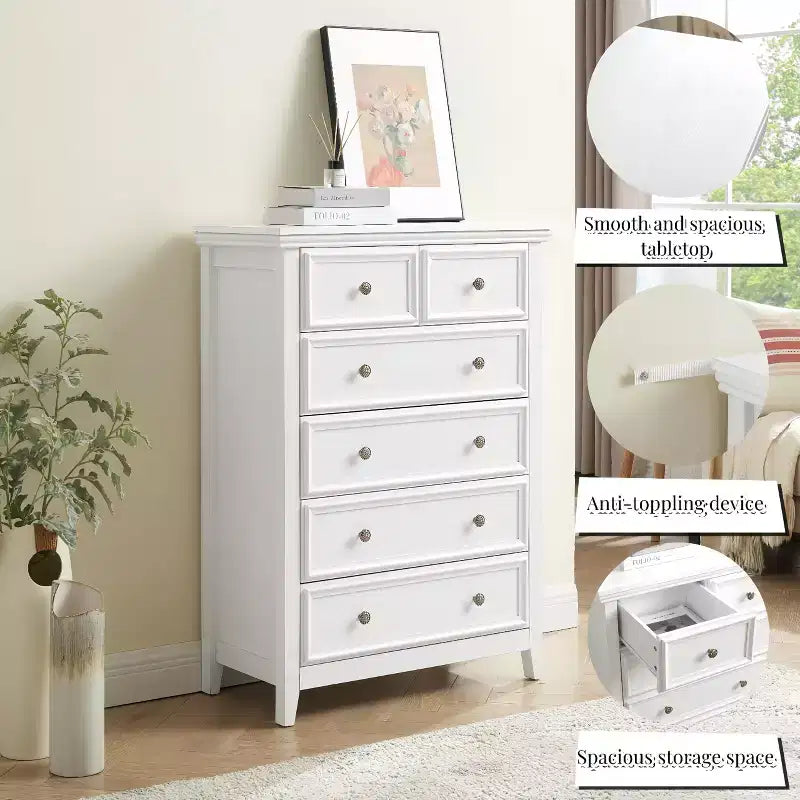 Modern 6 Drawer Dresser with Vintage Carved Flower Handle, for Farmhouse Organizer