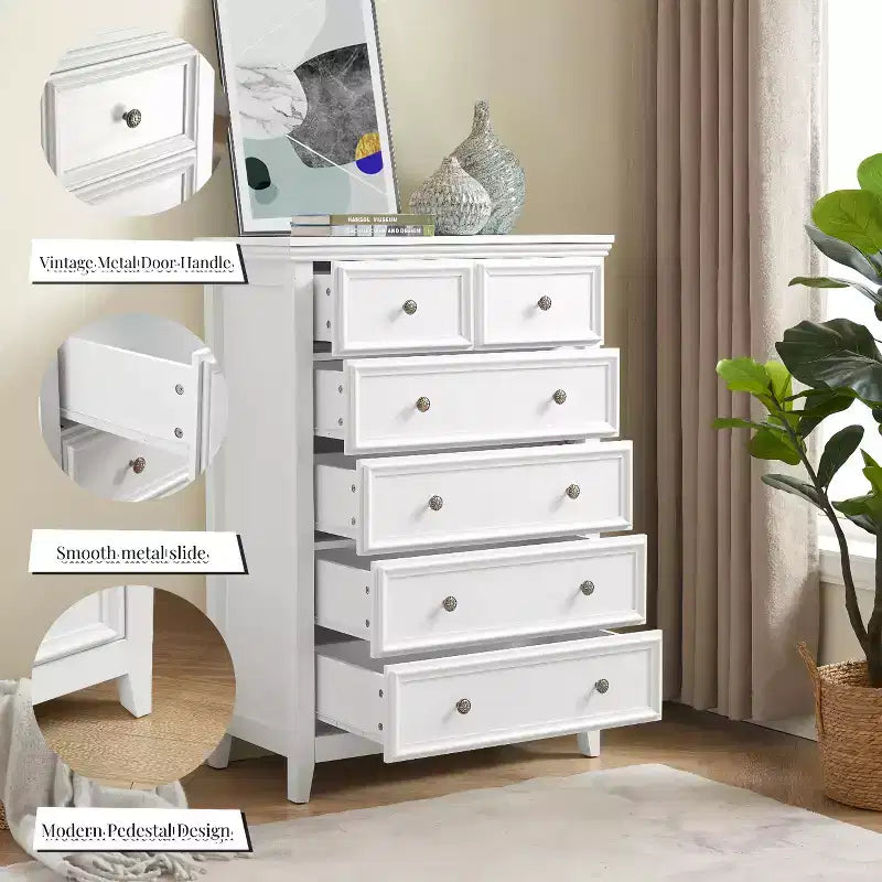 Modern 6 Drawer Dresser with Vintage Carved Flower Handle, for Farmhouse Organizer
