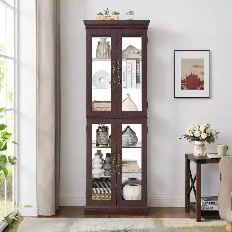 Lighted Glass Curio Display Cabinet with Adjustable Shelves, High-Quality Hinge, and Vintage Handles
